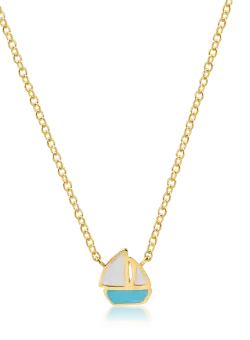 Lant cu pandantiv barca din aur galben cu insertii albe si turcoaz