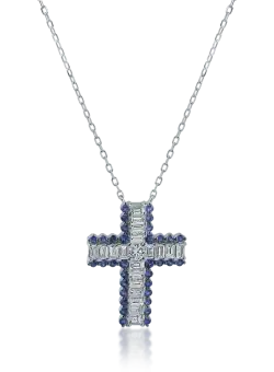 Lant cu pandantiv cruce din aur alb cu diamante de 0.93ct si safire de 0.48ct