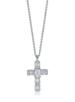 Lant cu pandantiv cruce din aur alb cu diamante de 1.1ct