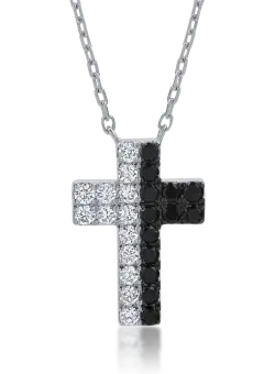 Lant cu pandantiv cruce din aur alb cu diamante incolore si negre de 0.4ct