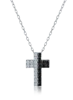 Lant cu pandantiv cruce din aur alb cu diamante negre de 0.25ct si diamante transparente de 0.22ct