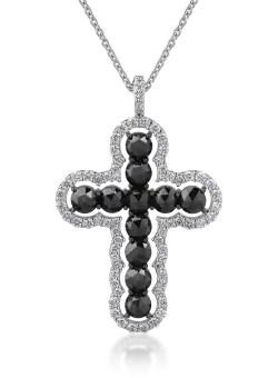 Lant cu pandantiv cruce din aur alb de 18K cu diamante negre de 1.9ct si diamante transparente de 0.5ct