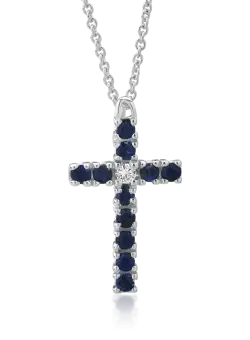 Lant cu pandantiv cruce din aur alb de 18K cu safire de 0.42ct si un diamant de 0.04ct