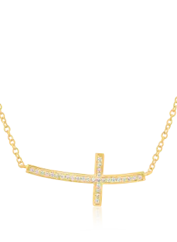 Lant cu pandantiv cruce din aur galben de 18K cu diamante de 0.1ct