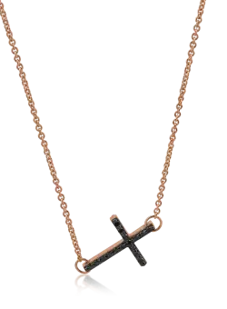 Lant cu pandantiv cruce din aur roz cu diamante negre de 0.13ct si diamante transparente de 0.11ct