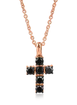 Lant cu pandantiv cruce din aur roz cu diamante negre de 0.5ct