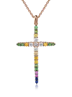 Lant cu pandantiv cruce din aur roz de 18K cu diamante de 0.35ct si safire multicolore de 0.72ct