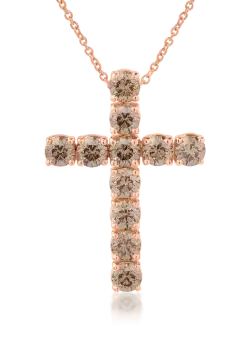 Lant cu pandantiv cruce din aur roz de 18K cu diamante maro de 2.85ct