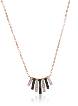 Lant cu pandantiv din aur roz cu diamante negre si transparente de 0.32ct