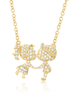 Lant cu pandantiv fetita si baiat din aur galben de 18K cu diamante de 0.27ct