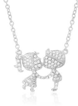 Lant cu pandantiv fetita si baietel din aur alb de 18K cu diamante de 0.25ct