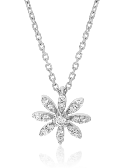 Lant cu pandantiv floare din aur alb de 18K cu diamant de 0.01ct si diamante de 0.06ct
