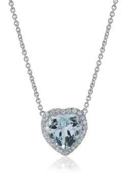 Lant cu pandantiv inima din aur alb cu acvamarin de 2.23ct si diamante de 0.18ct