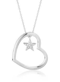 Lant cu pandantiv inima si steluta din aur alb de 18K cu diamante de 0.04ct