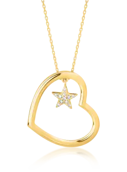 Lant cu pandantiv inima si steluta din aur galben de 18K cu diamante de 0.04ct