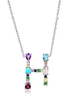 Lant cu pandantiv initiala din aur alb cu pietre pretioase si semipretioase de 0.9ct