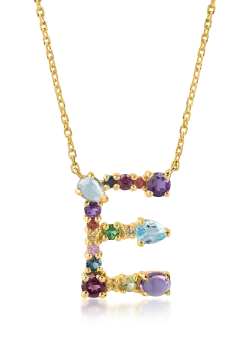 Lant cu pandantiv initiala din aur galben cu pietre pretioase si semipretioase de 1.2ct