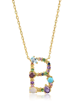 Lant cu pandantiv initiala din aur galben cu pietre pretioase si semipretioase de 1.3ct