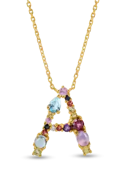 Lant cu pandantiv initiala din aur galben cu pietre pretioase si semipretioase de 1ct