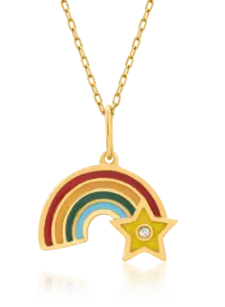 Lant cu pandantiv pentru copii curcubeu din aur galben de 14K cu diamant de 0.003ct