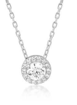 Lant cu pandantiv rotund din aur alb cu zirconii