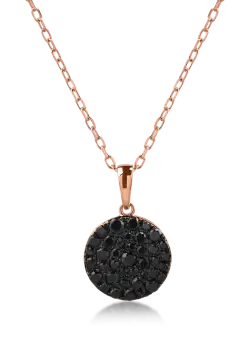 Lant cu pandantiv rotund din aur roz cu diamante negre de 0.3ct