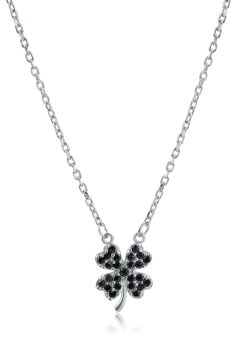 Lant cu pandantiv trifoi din aur alb cu zirconiii negre
