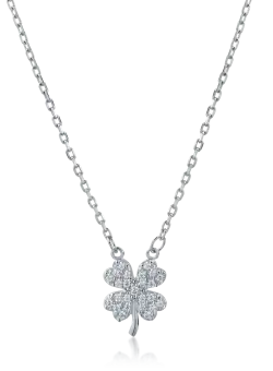 Lant cu pandantiv trifoi din aur alb cu zirconiii