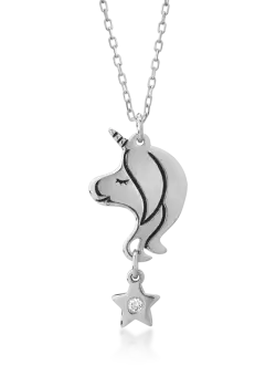 Lant cu pandantiv unicorn pentru copii din aur alb de 14K cu diamant de 0.006ct