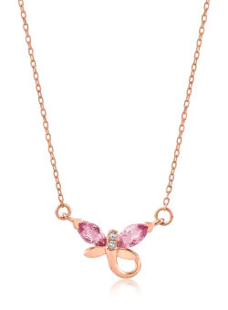 Lant din aur roz cu pandantiv fluture cu safire roz si diamante de 0.33ct