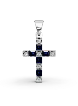 Pandantiv cruce din aur alb cu safire de 0.29ct si diamante de 0.04ct