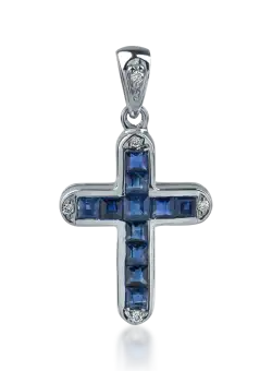 Pandantiv cruce din aur alb cu safire de 0.6ct si diamante de 0.03ct