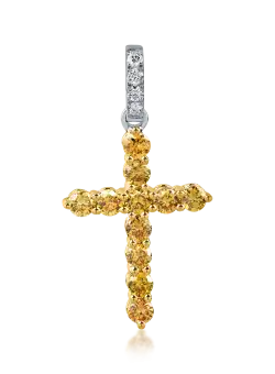 Pandantiv cruce din aur galben cu diamante galbene de 0.5ct si diamante incolore de 0.04ct