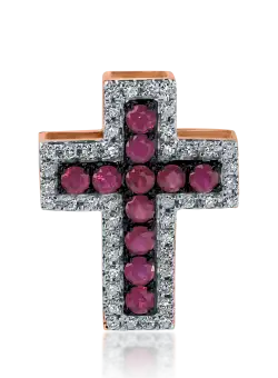 Pandantiv cruce din aur roz cu rubine de 0.287ct si diamante de 0.121ct